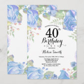 Bleu botanique Floral 40e anniversaire Invitation (Devant / Derrière)