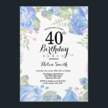 Bleu botanique Floral 40e anniversaire Invitation<br><div class="desc">Botanique Bleu Floral Invitation 40e Anniversaire. Floral Pink Peonies Invitation d'anniversaire pour les femmes. Fleur florale aquarelle. Elégante Rose rose et Fleurs de pivoine. Anniversaire adulte. Fond blanc. Noir et blanc. 13ème 15ème 16ème 18ème 20ème 21ème 30ème 40ème 50ème 60ème 70ème 80ème 90ème 100ème, tout âge. Pour plus de personnalisation,...</div>