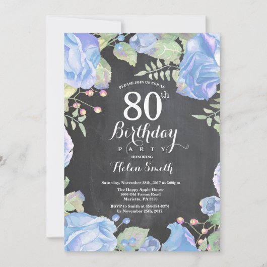 Bleu botanique Floral 80e anniversaire Invitation (Devant)