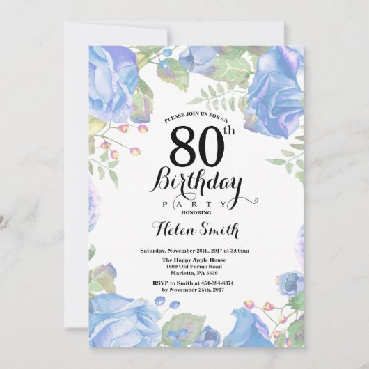 Bleu botanique Floral 80e anniversaire Invitation (Devant)