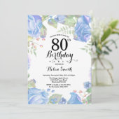 Bleu botanique Floral 80e anniversaire Invitation (Debout devant)