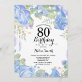 Bleu botanique Floral 80e anniversaire Invitation (Devant / Derrière)