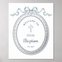 Bleu Bow Argent Cadre grec Baptême Poster d'huile