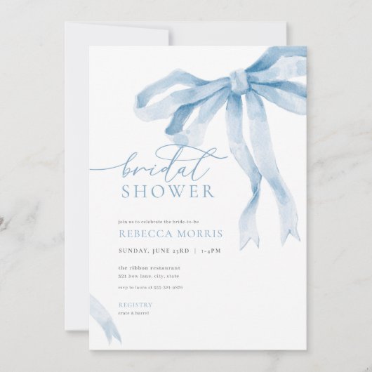 Bleu Bow nuptiale douche Invitation Quelque chose  (Devant)