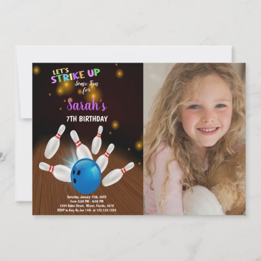 Bleu Bowling Anniversaire Invitations avec photo (Devant)