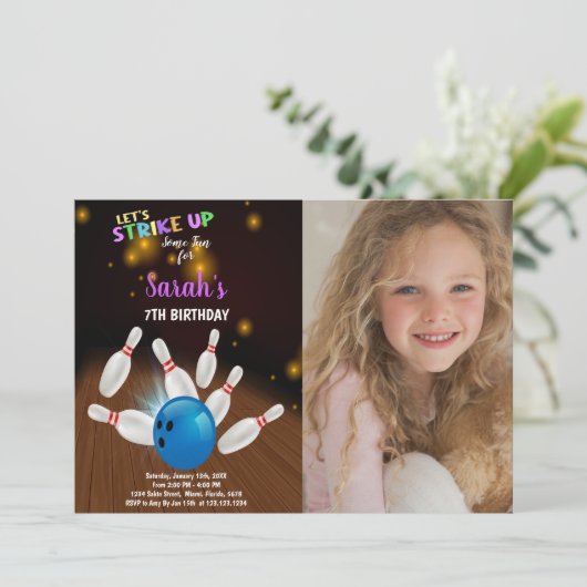 Bleu Bowling Anniversaire Invitations avec photo (Debout devant)