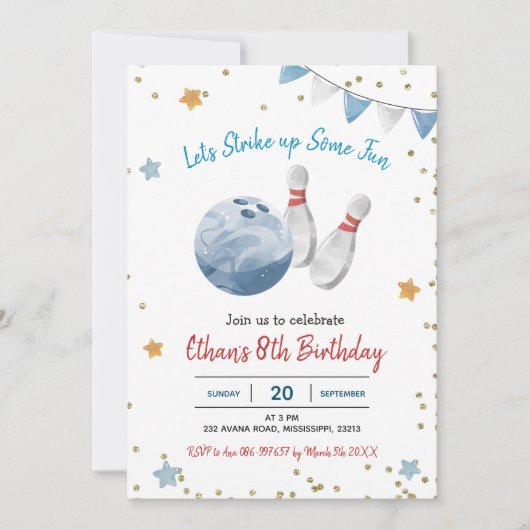Bleu Boy Bowling Anniversaire Invitation (Devant)