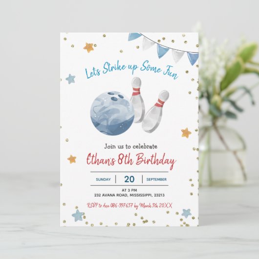 Bleu Boy Bowling Anniversaire Invitation (Debout devant)