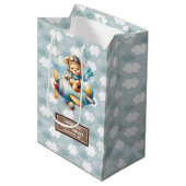 Bleu Brown Baby shower Ours Sac cadeau avec nom (Devant Angle)