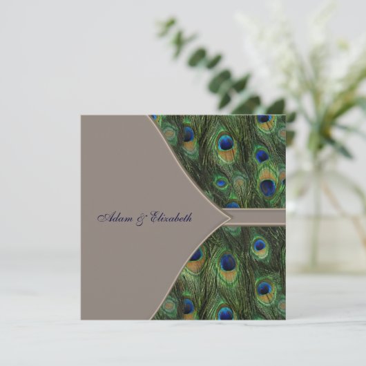 Bleu Brown Peacock Invitations de mariage (Debout devant)