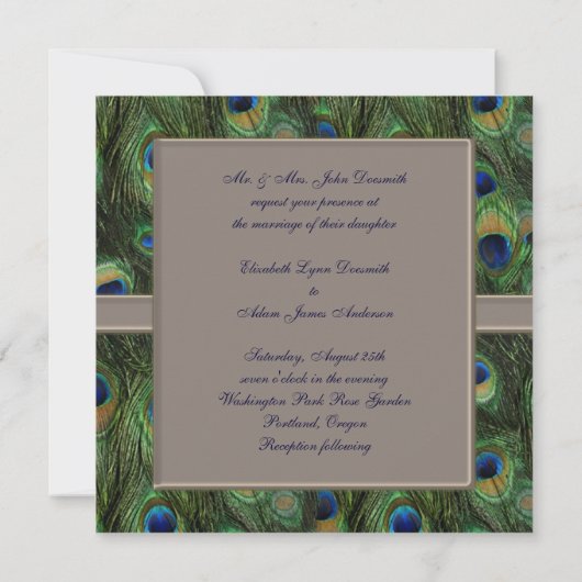 Bleu Brown Peacock Invitations de mariage (Dos)