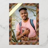 Bleu Brown Plaid Gold Foil Faire-part de graduatio (Recto)