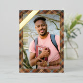 Bleu Brown Plaid Gold Foil Faire-part de graduatio (Debout devant)