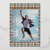 Bleu Brown Plaid Gold Foil Faire-part de graduatio (Recto)