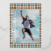 Bleu Brown Plaid Gold Foil Faire-part de graduatio (Devant)