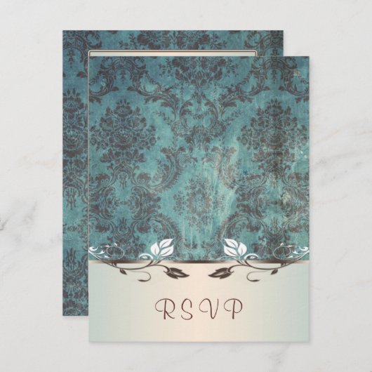Bleu brun damassé Réponse de l'invitation, RSVP (Devant / Derrière)