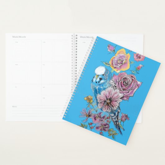 Bleu Budgie Rose Aquarelle Planner d'oiseaux (Devant avec enveloppe)
