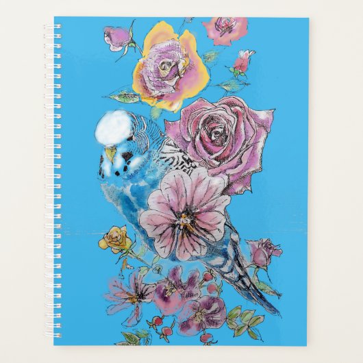 Bleu Budgie Rose Aquarelle Planner d'oiseaux (Devant)