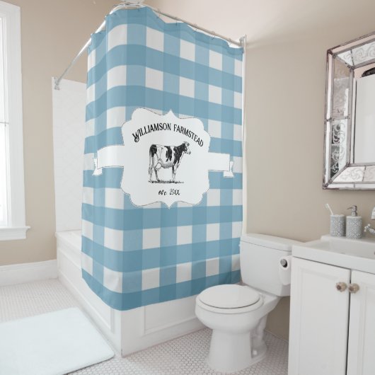 Bleu Buffalo Plaid Ferme Vache Douche Rideau (En situation)