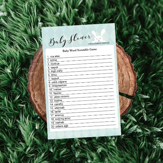 Bleu Bunny Baby shower Mot Début Jeu Carte