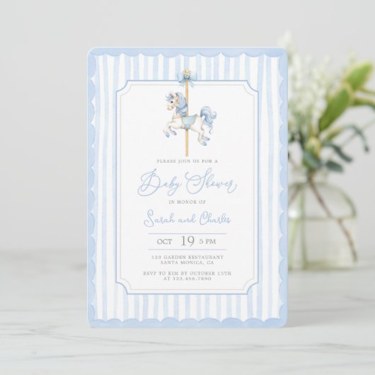 Bleu Carousel Baby Boy Douche Invitation (Debout devant)