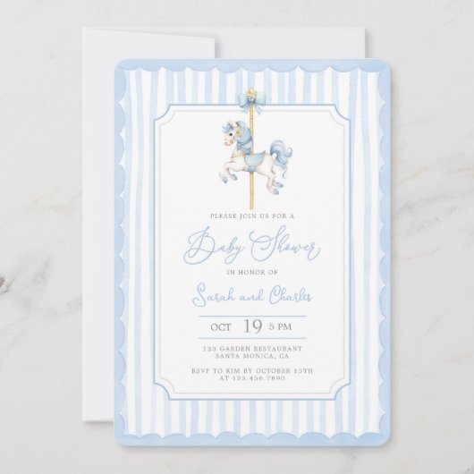 Bleu Carousel Baby Boy Douche Invitation (Devant)