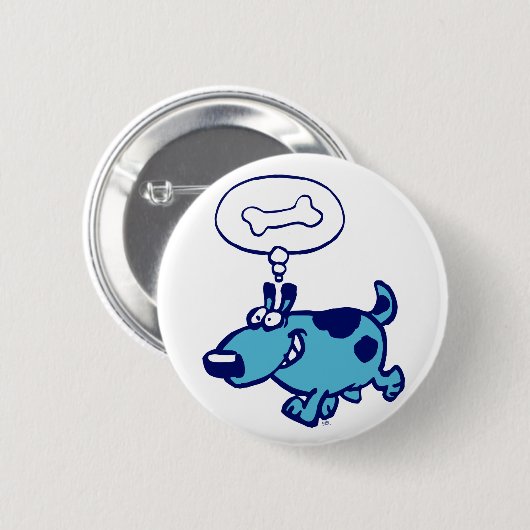 Bleu Cartoon Chien pensant à l'os Bouton Badge (Devant & derrière)