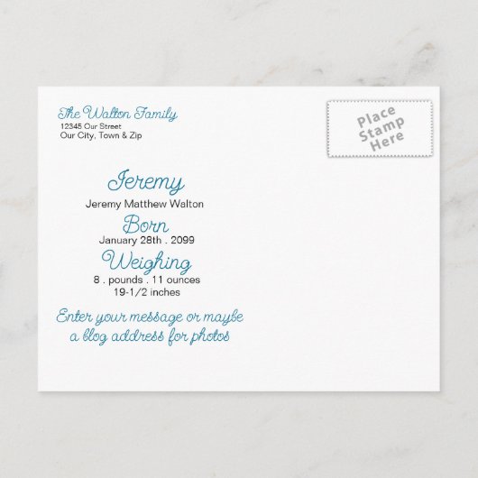 Bleu C'est un nouveau bébé Faire-part d'arrivée (Dos)