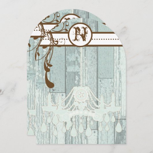 Bleu Chandelier Grange Bois Mariage Invitations (Devant / Derrière)