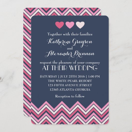 Bleu chaud rose Chevron Faire-part de mariage Amou (Devant / Derrière)