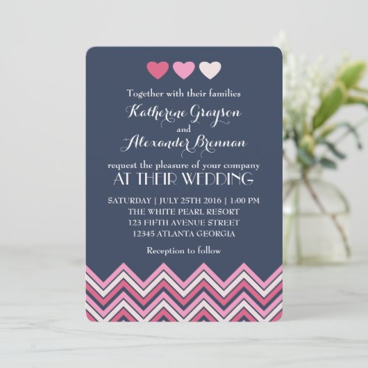 Bleu chaud rose Chevron Faire-part de mariage Amou (Debout devant)