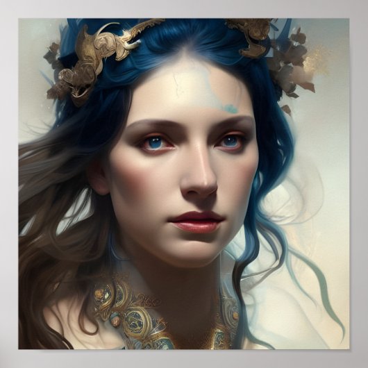 Bleu Cheveux Bleu Yeux Haut Imaginaire Poster (Devant)