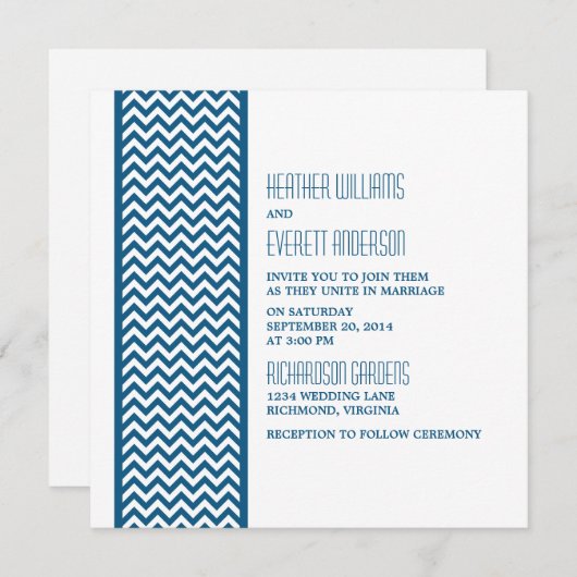 Bleu Chevron Bordure Mariage Invitation (Devant / Derrière)