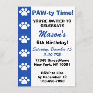 Bleu - Chien ou Chat Thème Anniversaire Invitation