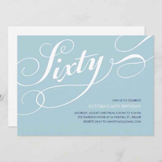 Bleu clair Élégant 60e anniversaire Invitations (Devant / Derrière)