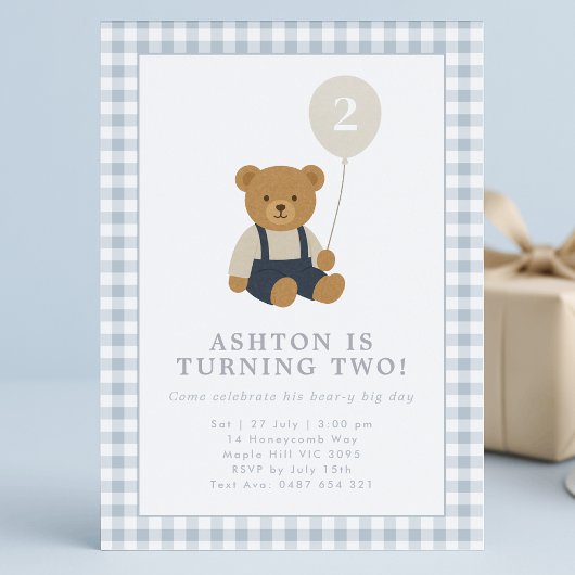 Bleu clair En vichy Ours En Teddy Invitation Anniv