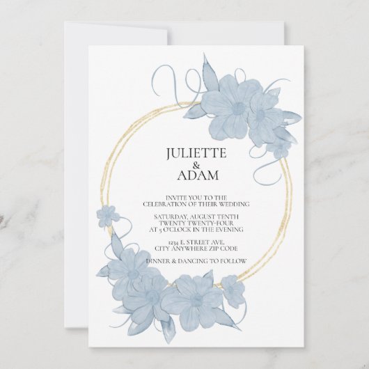 Bleu clair et or Faire-part de mariage florale (Devant)