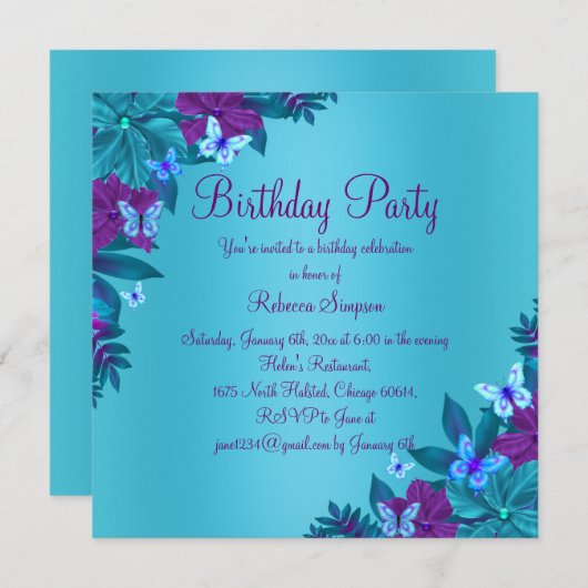 Bleu clair et papillon pourpre Invitation d'annive (Devant / Derrière)