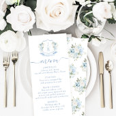 Bleu clair Floral Crest Mariage Menu Cartes