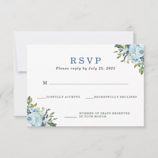 Bleu Clair Navy Fleurs Aquarelle Mariage RSVP (Devant)