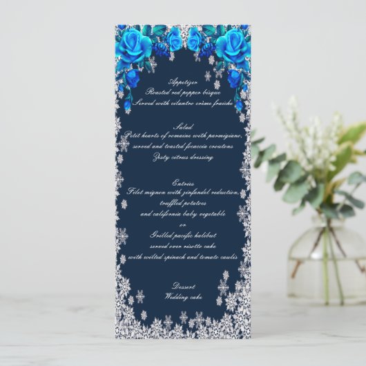 Bleu clair Roses Snowflake Noël Mariage Menu (Debout devant)