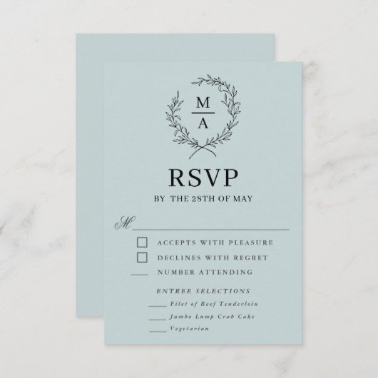 Bleu clair Simple Élégant Monogramme RSVP avec Rep (Devant / Derrière)