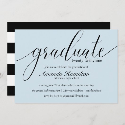 Bleu clair typographie Graduation Invitation (Devant / Derrière)