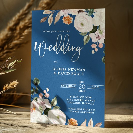 Bleu classique Faire-part de mariage florale blanc
