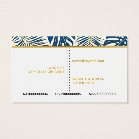 Bleu classique, or tropical feuille carte de visit (Dos)