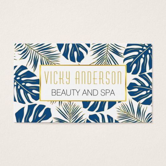 Bleu classique, or tropical feuille carte de visit (Devant)