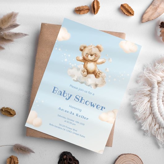 Bleu Cloud Bear Baby shower Invitation