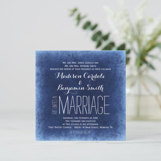 Bleu Cobalt Trouvé Rustique Mariage Invitations (Debout devant)