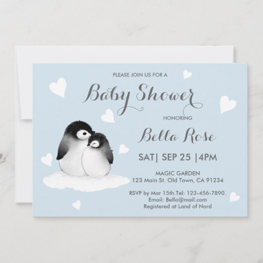 Bleu Coeur Penguin Baby Douche Invitations (Devant)