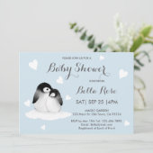 Bleu Coeur Penguin Baby Douche Invitations (Debout devant)